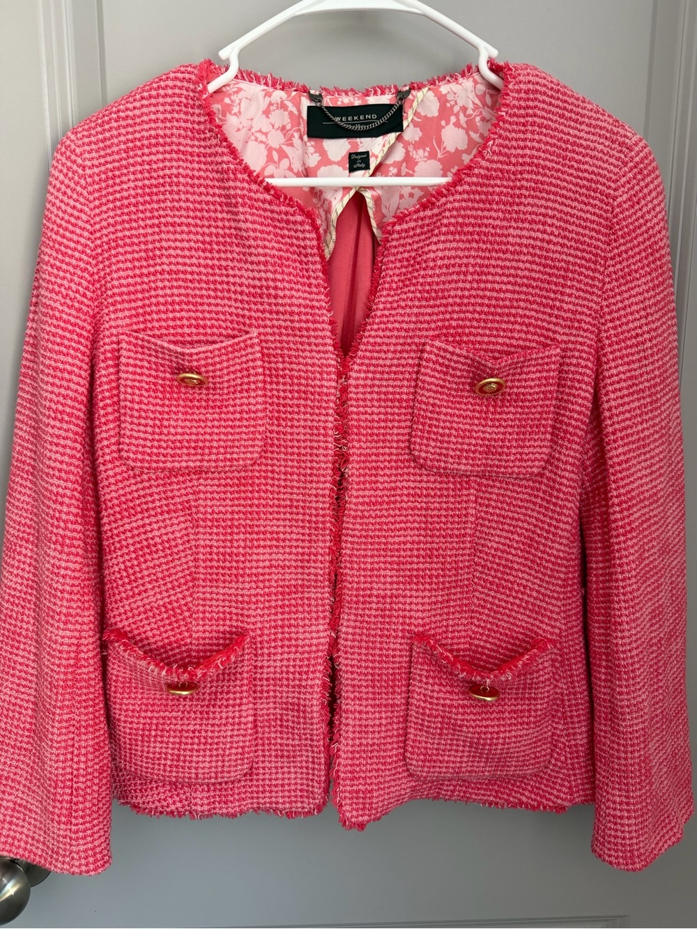 Max Mara Pink Tweed Jacket Blazer Floral Lining Gold Buttons SizeS